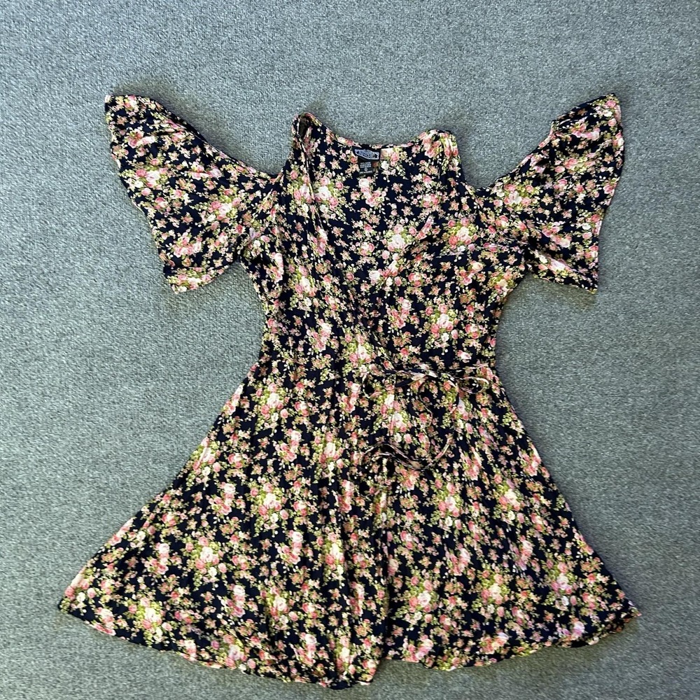 Angie Dress Womens Small Multicolor Floral Wrap Cold Shoulder Short Boho